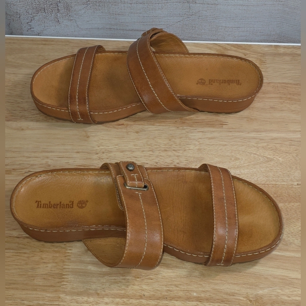 Timberland Ladie's Tan Leather Slide Sandals Size 8 - Picture 4 of 7